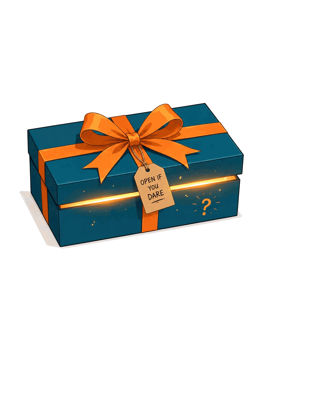 A teal gift box with an orange ribbon and a tag reading 'Open if you dare'
